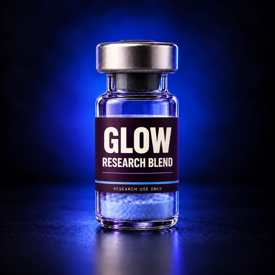 glow — illustrative research vial with blue-purple powder