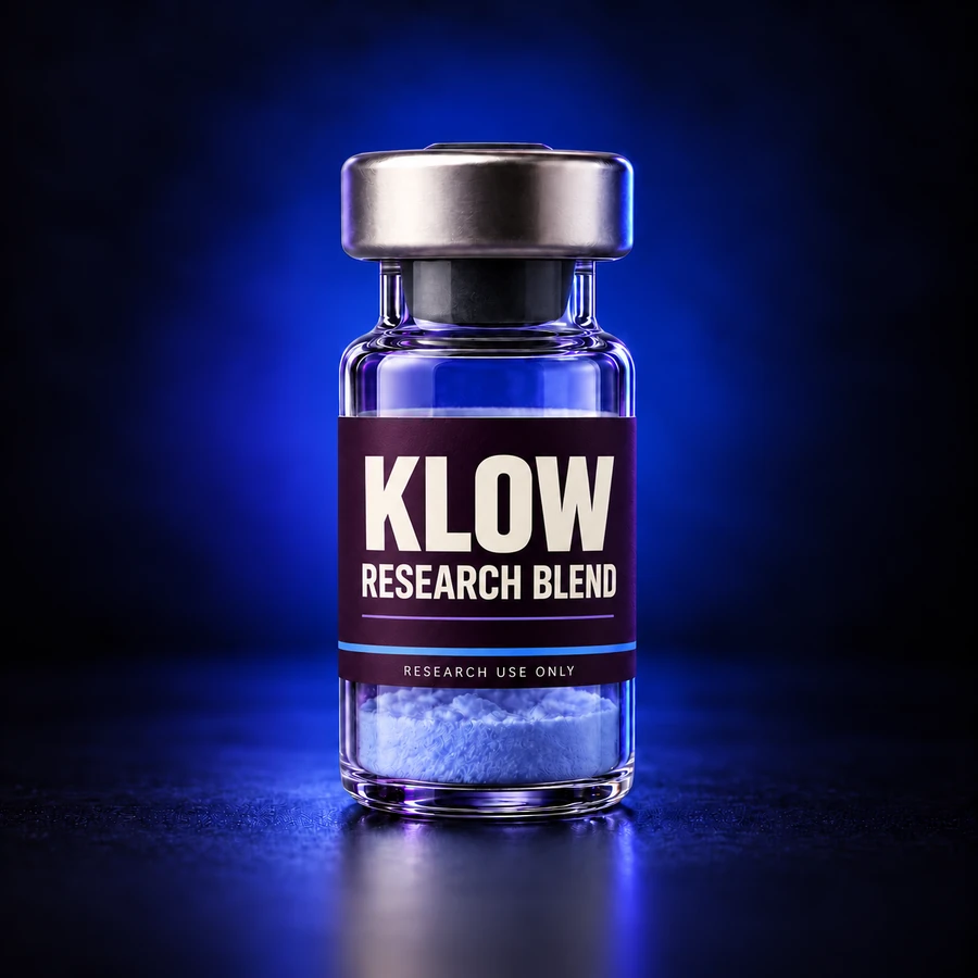 klow — illustrative research vial with blue-purple powder